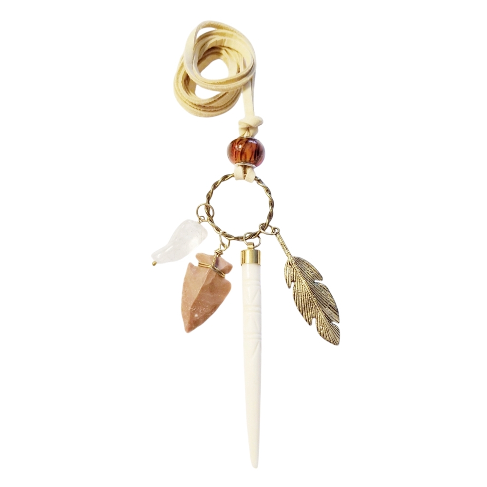 Tribal Bohemian Bone/Leaf/Arrow/Stone, Leather Pendant Adjustable Necklace